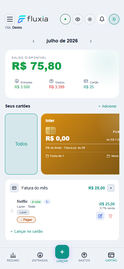 Cartões no aplicativo móvel Fluxia
