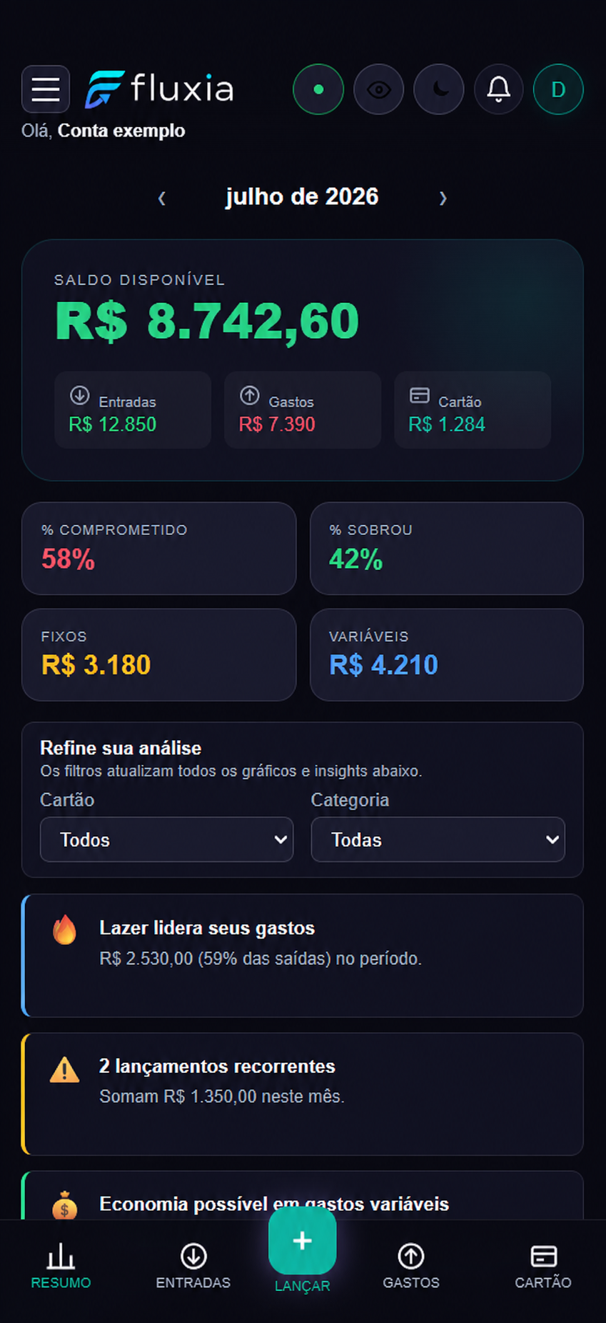 Dashboard mobile do Fluxia