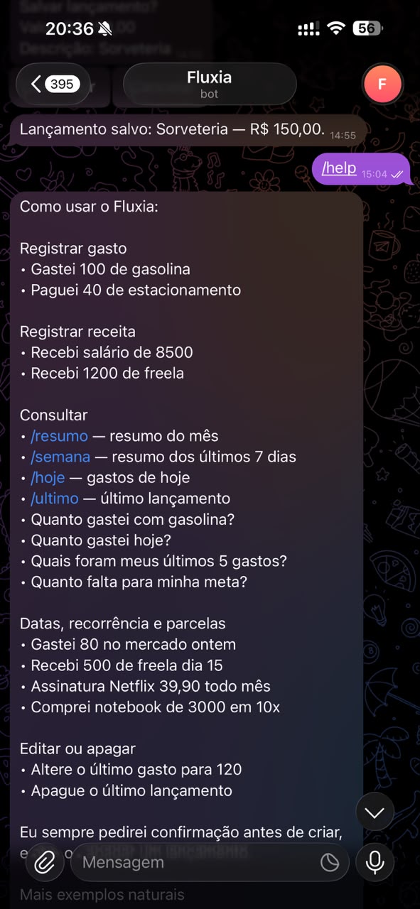 Bot Fluxia no Telegram com comandos de consulta, edição e remoção